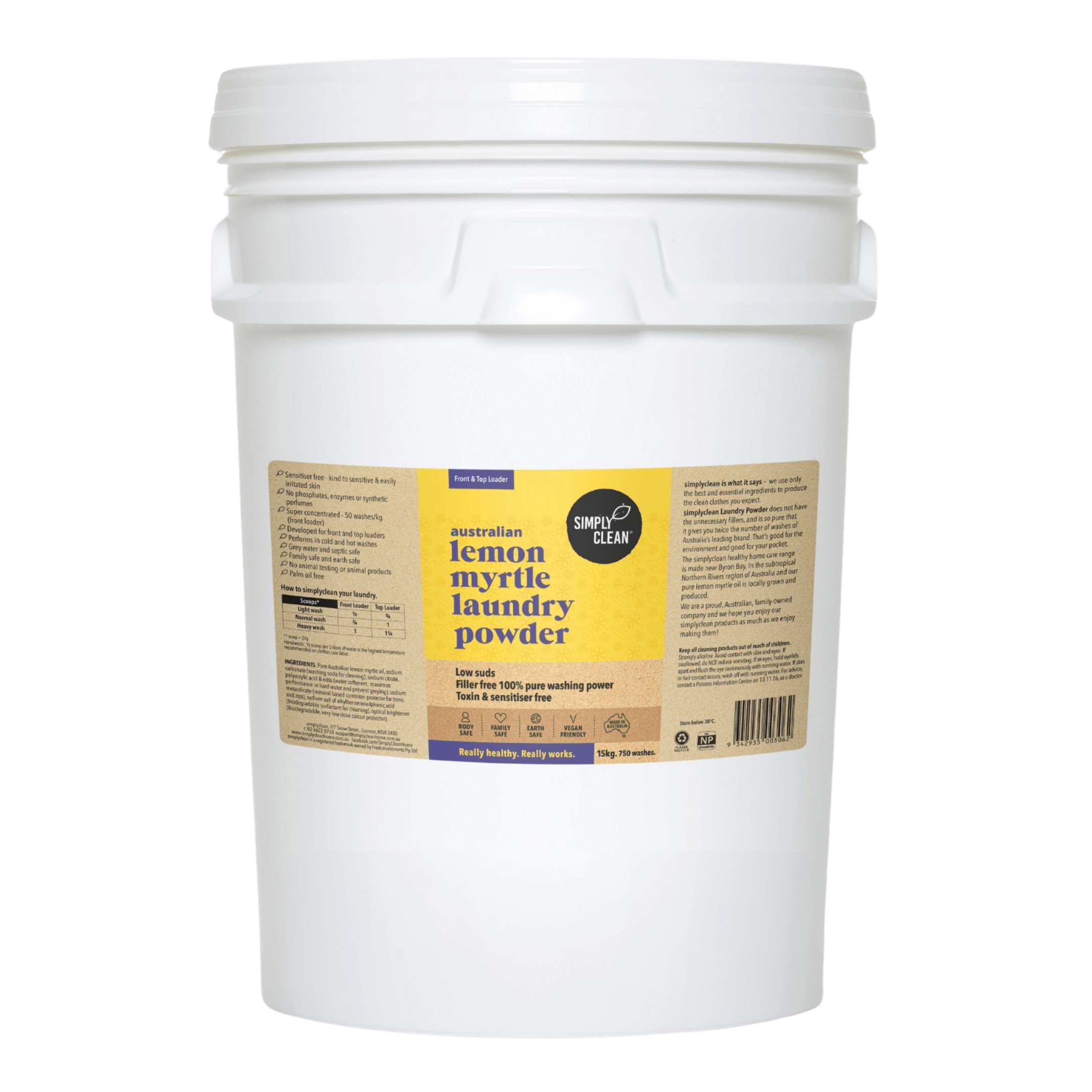 Lemon Myrtle Laundry Powder - 15kg Bulk PAIL = 750 washes.