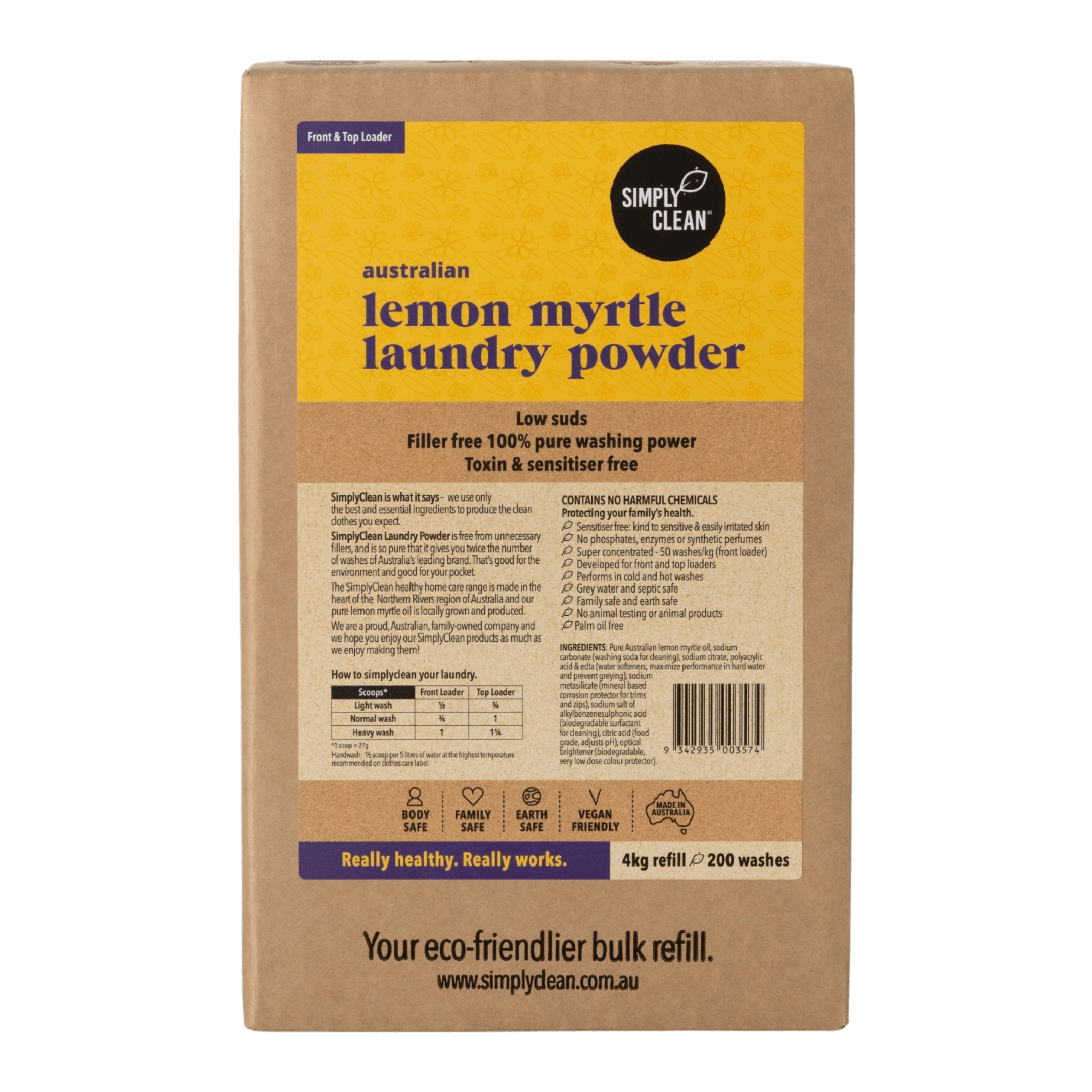 Lemon Myrtle Laundry Powder 4kg BOX Bulk Refill.