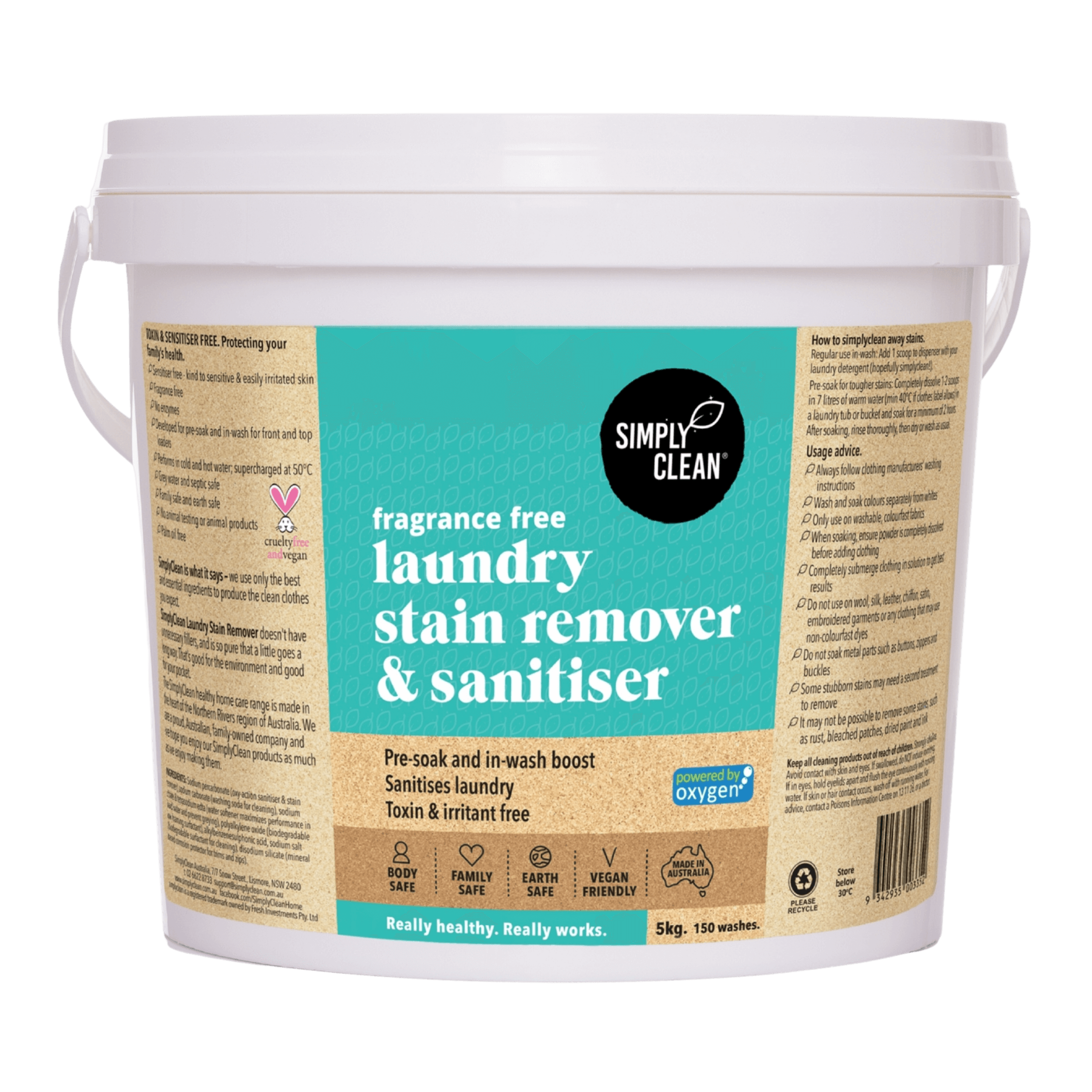 Fragrance Free Laundry Stain Remover & Sanitiser 5KG PAIL Bulk Refill.