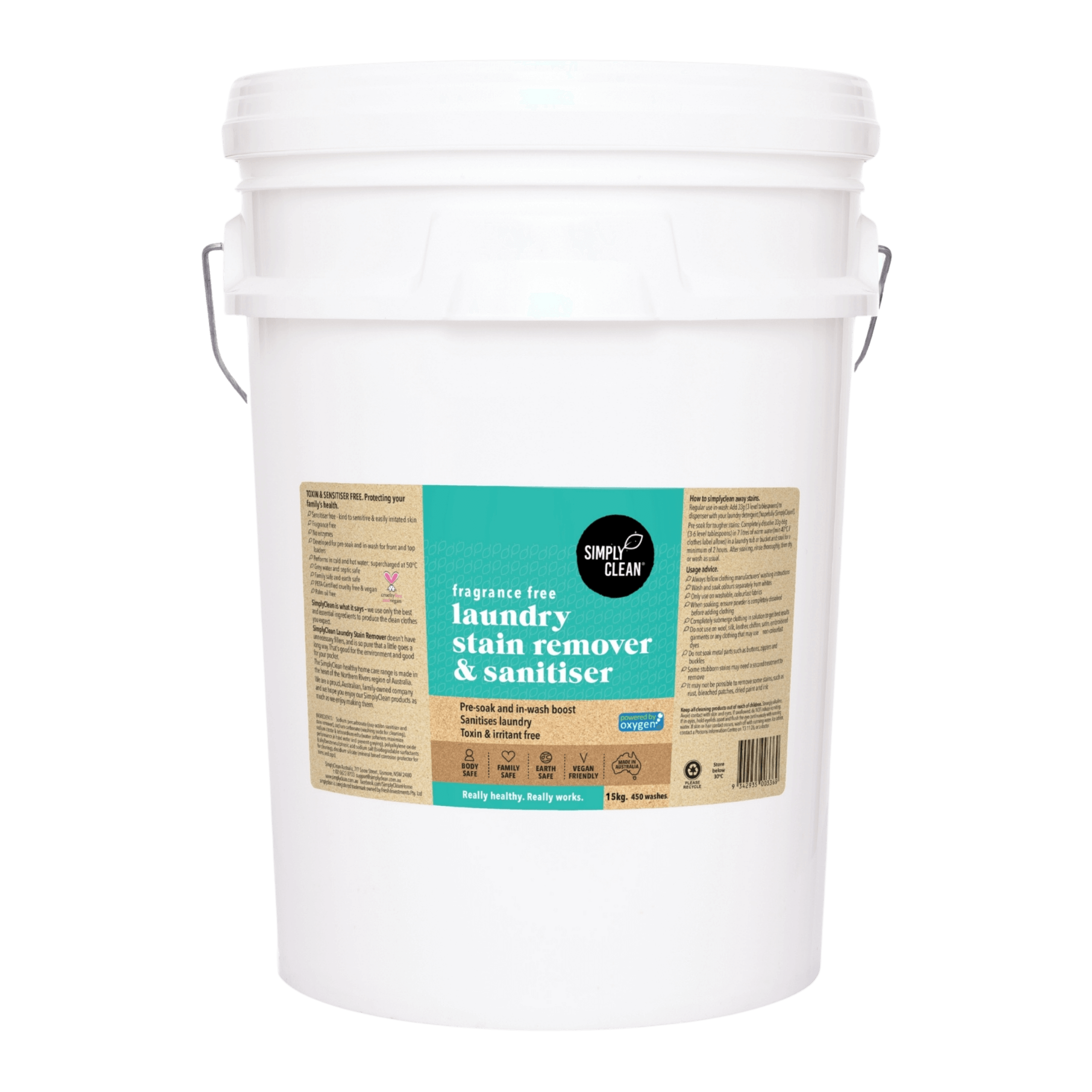 Fragrance Free Laundry Stain Remover & Sanitiser - 15kg Bulk PAIL.