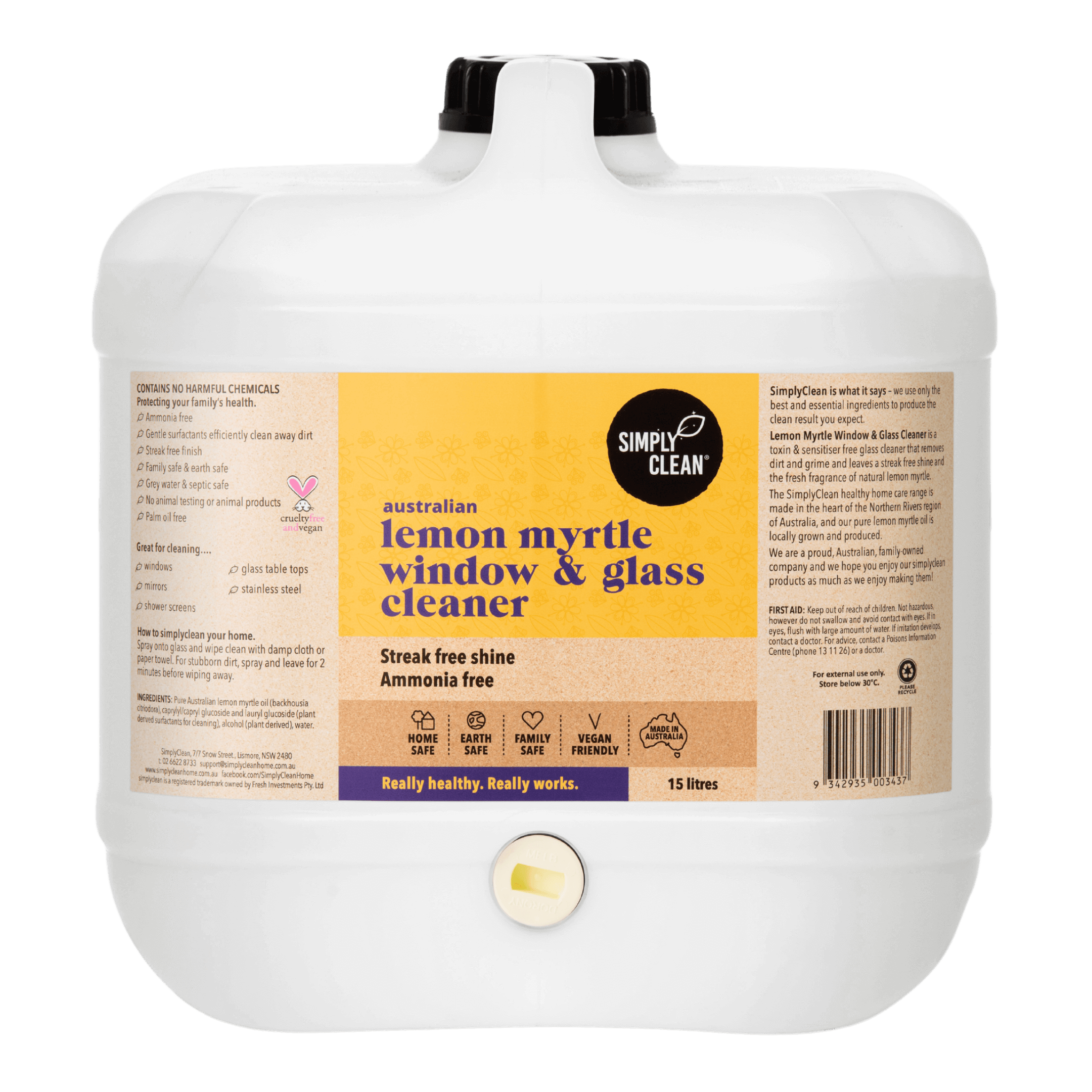 Lemon Myrtle Window & Glass Cleaner - 15 Litres Bulk.